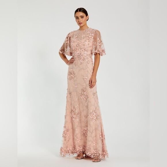 MAC DUGGAL 68810 Pink Flutter Sleeve Floral Embroidered Net Gown Dress - Picture 2 of 13